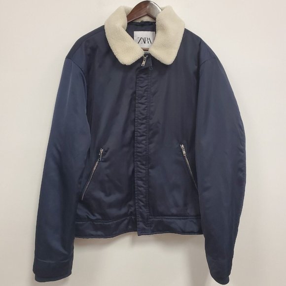 Zara Other - Zara Mens Sherpa Collar Trucker Jacket Size XL Navy Blue Satin Full Zip Pockets
